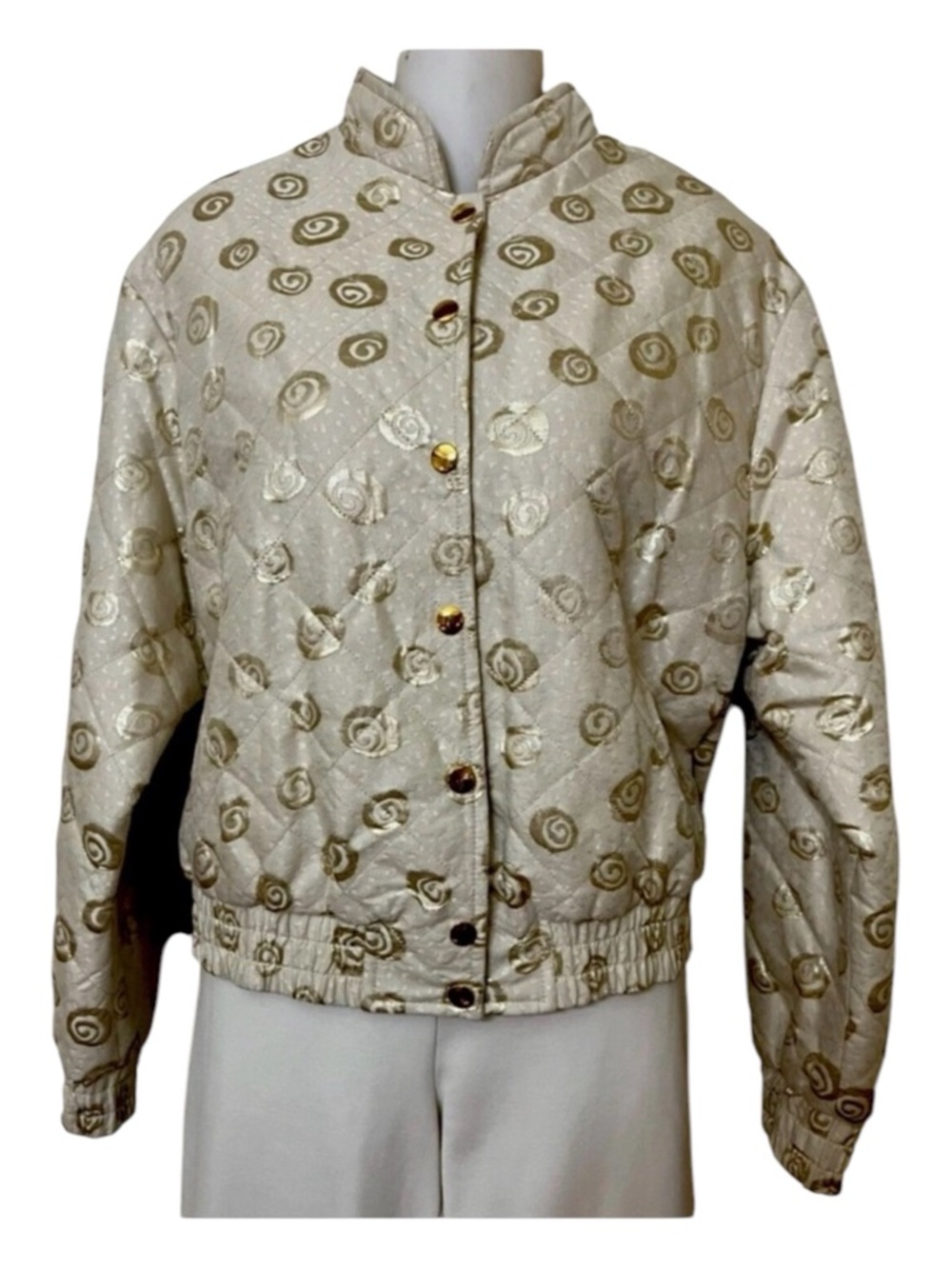 St John Sport Chic Cream and Gold Bomber Quilted Jacquard Bomber Jacket Sz S EUC